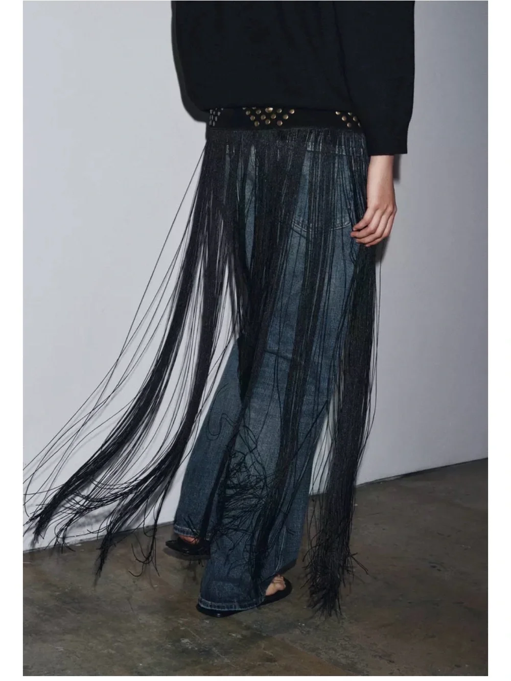 Zara 100% LEATHER WAIST BELT WITH STUDS AND FRINGES